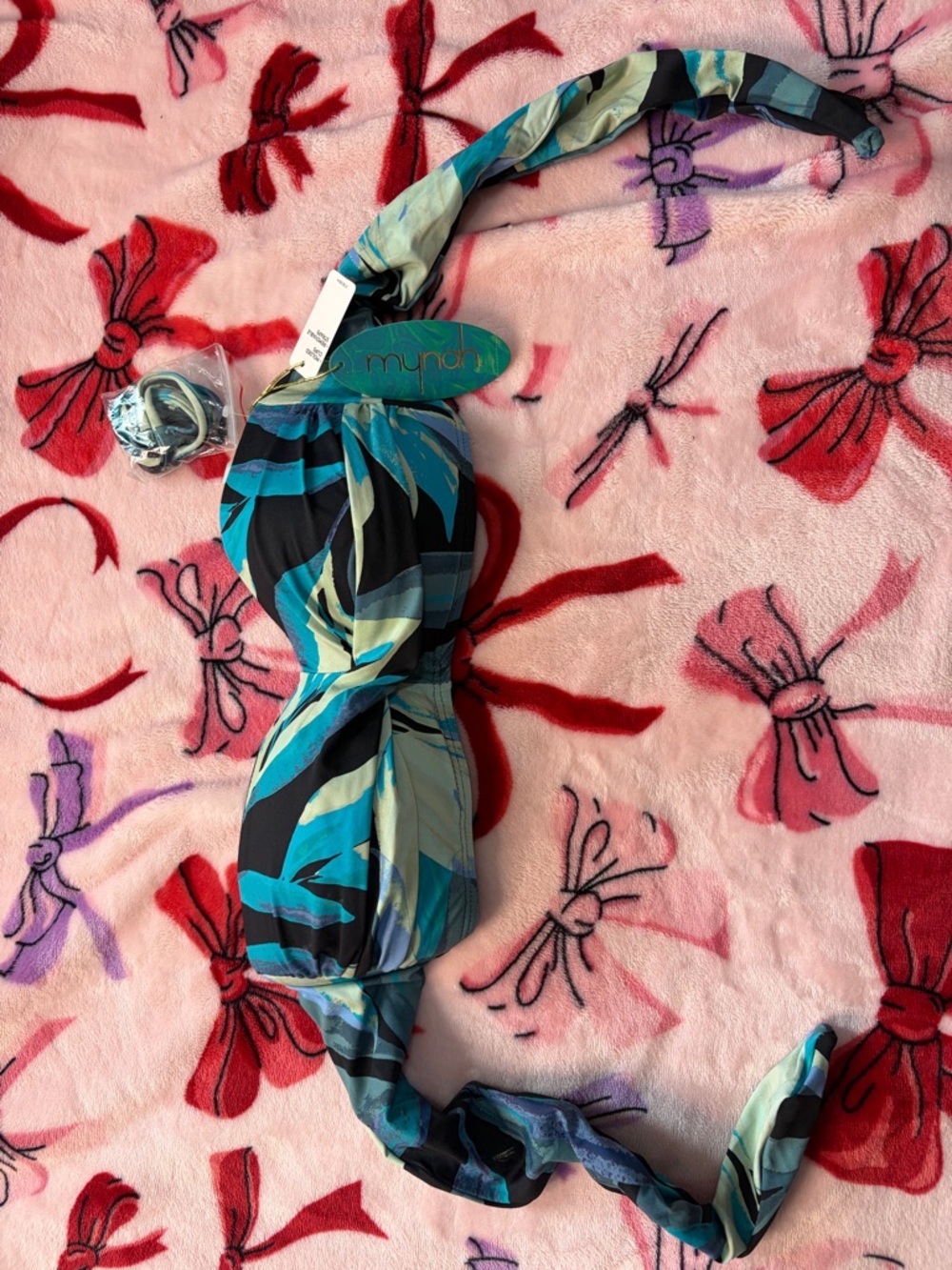 Myndii Teal & Black Leaf-Print Bandeau Bikini Top